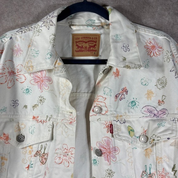 Levis Trucker Doodle Print Trucker Jacket Womens S White Floral Graphic Denim - Picture 2 of 10